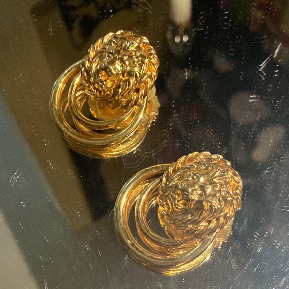 Anne Klein Gold Lion Head Double Hoop Knocker Stud Earrings